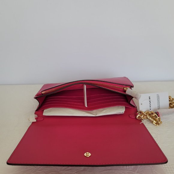COACH Anna Pebbled Leather Foldover Clutch Crossbody With Chain- Bold Pink🎈$158 - Picture 14 of 16